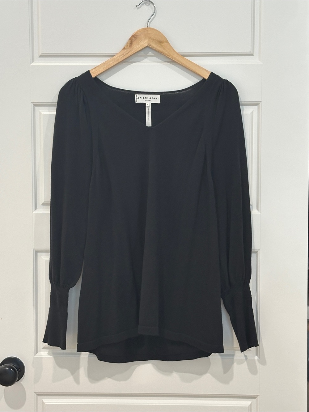 Apiece Apart Black V-Neck Long Sleeve Sweater Blouse 100% Cotton Size Medium
